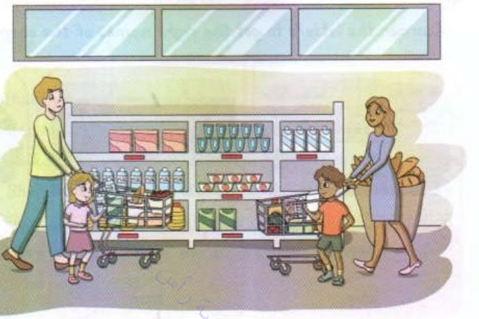 A father, a mother and two children pushing shopping carts in front of shelves